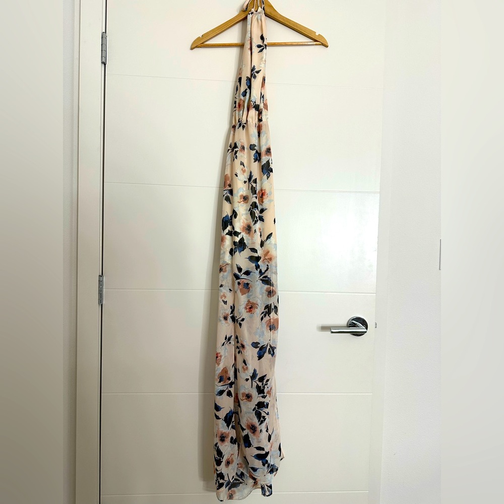 Flowy, floor length dress with a slit. Off the shoulder top portion